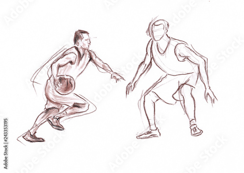 Sportsmen in basketball - drawn pastel pencil graphic artistic illustration on paper