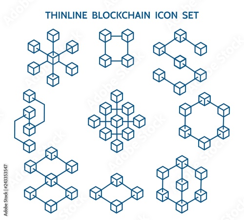 Blockchain line icons. Vector block chain linear icon set, structural data and events blocks technology, 3d cubes structure elements