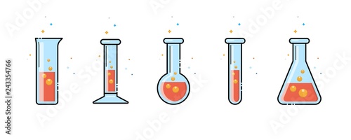 A chemical flask. Icons set. Equipment for chemical laboratory. Line design. Vector