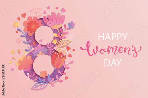 International Women's Day. Banner, flyer for March 8 decorating by paper flowers and hand drawn lettering. Congratulating and wishing happy holiday card for newsletter, brochures, postcards. Vector.