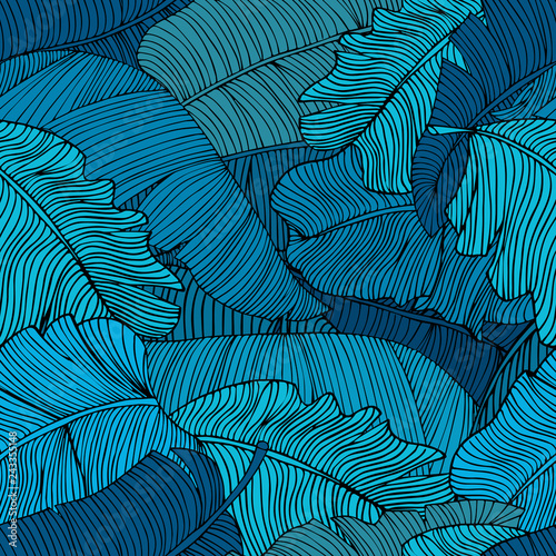 Seamless pattern of exotic, bright blue banana leaves closeup. Decorative image with tropical foliage. Vector illustration EPS10.