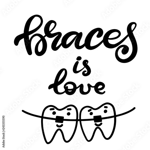 Lettering vector illustration about dental health care with the image of braces on teeth. EPS10. The image of the stages of orthodontic treatment for posters for dental clinic.