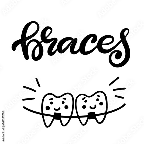 Lettering vector illustration about dental health care with the image of braces on teeth. EPS10. The image of the stages of orthodontic treatment for posters for dental clinic.