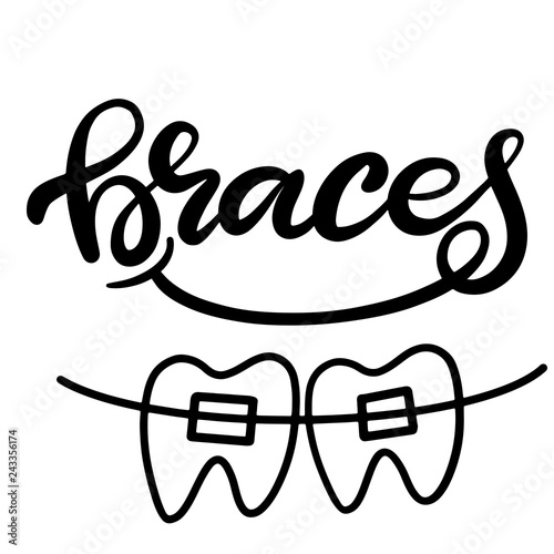 Lettering vector illustration about dental health care with the image of braces on teeth. EPS10. The image of the stages of orthodontic treatment for posters for dental clinic.