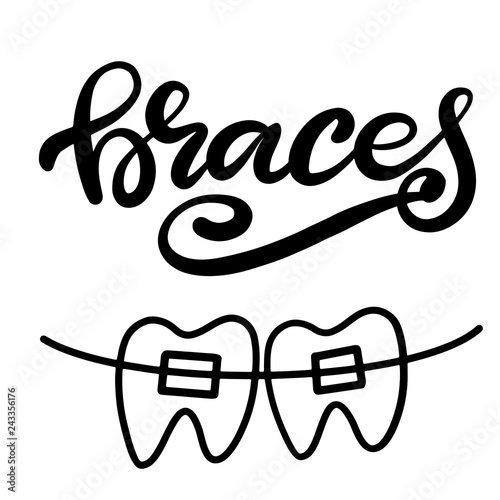 Lettering vector illustration about dental health care with the image of braces on teeth. EPS10. The image of the stages of orthodontic treatment for posters for dental clinic.