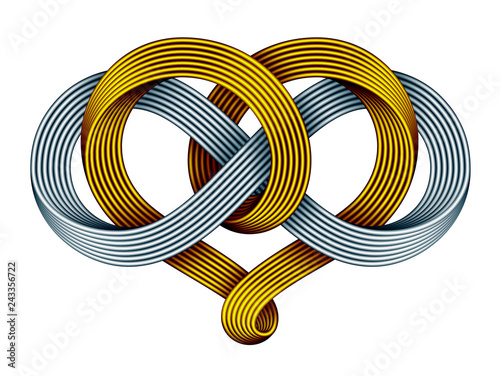 Heart with infinity symbol of gold and silver mobius strip. Forever love sign. Vector illustration.