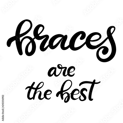 Lettering vector illustration about dental health care with the image of braces on teeth. EPS10. The image of the stages of orthodontic treatment for posters for dental clinic.