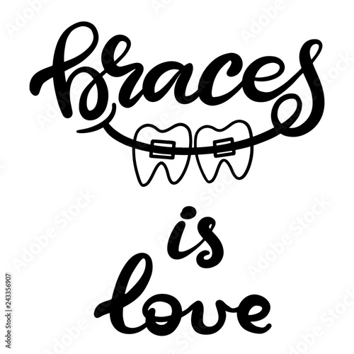Lettering vector illustration about dental health care with the image of braces on teeth. EPS10. The image of the stages of orthodontic treatment for posters for dental clinic.