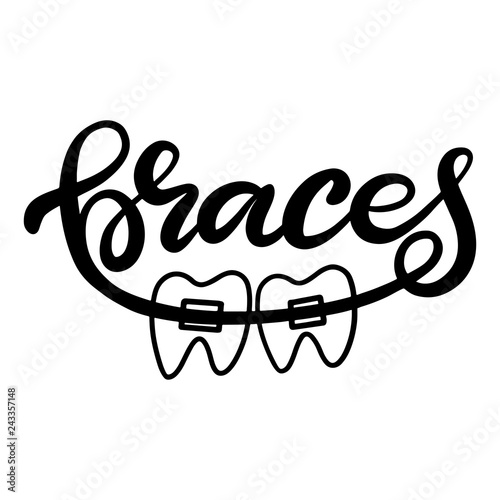 Lettering vector illustration about dental health care with the image of braces on teeth. EPS10. The image of the stages of orthodontic treatment for posters for dental clinic.