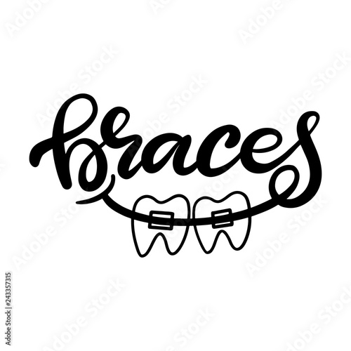 Lettering vector illustration about dental health care with the image of braces on teeth. EPS10. The image of the stages of orthodontic treatment for posters for dental clinic.