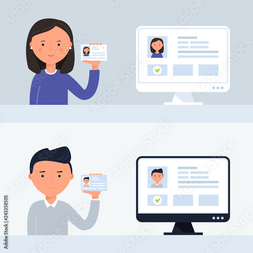 Account Verification Illustration. People Holding ID Cards. Vector Illustration
