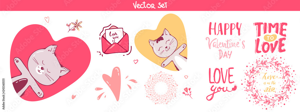 set of decoration, lettering elements for valentine day, vector illustration. cute cat, hearts. Vector collection. romantic brush lettering hand written elements. pink, labels, invitation.love you set of decoration, lettering elements for valentine day, vector illustration. cute cat, hearts. Vector collection. romantic brush lettering hand written elements. pink, labels, invitation.love you