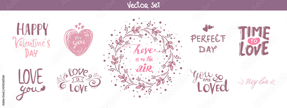 Fototapeta premium set of decoration lettering elements for valentine day, vector illustration. Hand drawn February 14 labels or posters collection. love lettering background. calligraphy phrases. romantic collection.