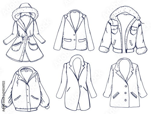 Hand drawn graphic elements set with outerwear: color coat, jacket, blazer. Vector illustration