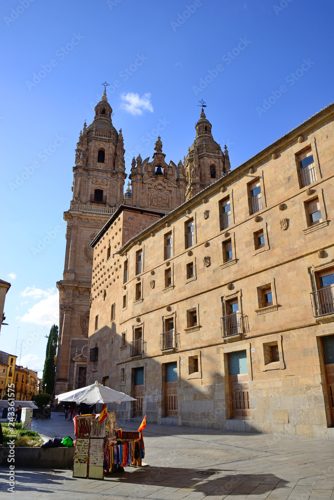 Salamanca, Spain - November 15, 2018: Church of the Holy Spirit (Clerecía) and Casa de las Conchas.