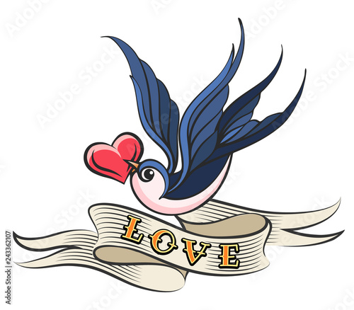 Swallow with Heart and Ribbon Tattoo