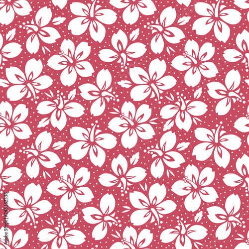 White Tropical Exotic Foliage, Hibiscus Floral Vector Seamless Pattern. Lush Tropical Blooms on Red Background