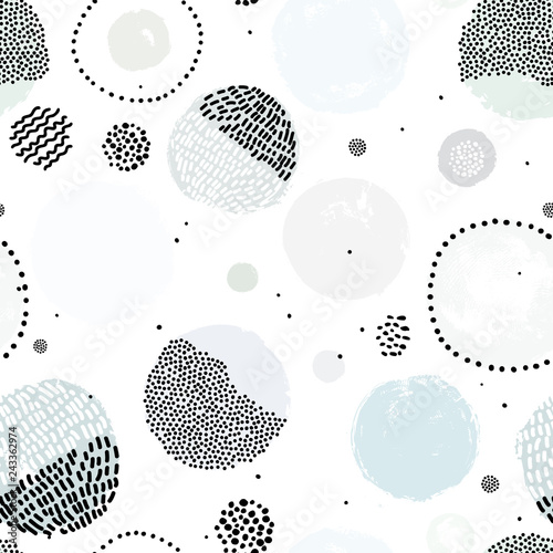 Cute seamless abstract pattern with circle shapes and dots. Creative fashion texture. Perfect for kids fabric, textile, nursery wallpaper. Vector illustration. Abstract space. Pastel colors.
