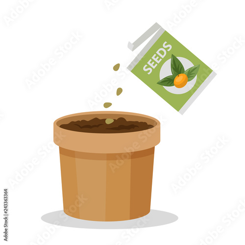 Putting seed in the pot. Isolated illustration