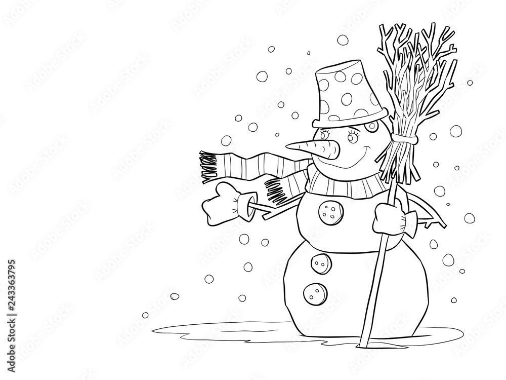 Snowman character linear illustration. Winter hand drawn clipart. Black and  white sticker on transparent background. Christmas, New Year decoration.  Snowman coloring book isolated Stock Illustration | Adobe Stock