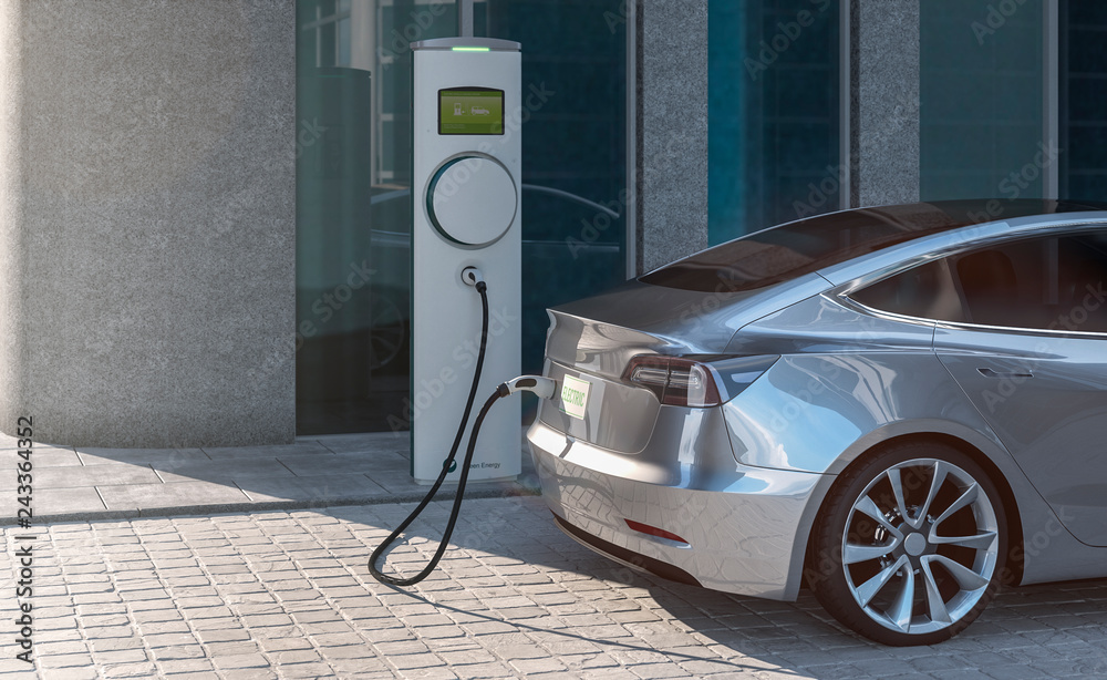 Charging an EV electric sedan car with silver paint in a city parking lot 3d illustration