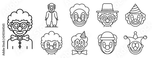 Clown icons set. Outline set of clown vector icons for web design isolated on white background
