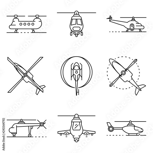 Helicopter icons set. Outline set of helicopter vector icons for web design isolated on white background