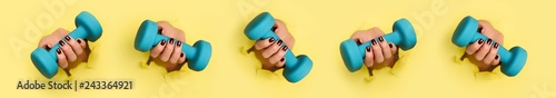Chaotic pattern of female woman hand holding blue dumbbell on yellow background. Fitness, sport, healthy lifestyle, diet concept. Banner with copy space. Punchy pastel colors. Minimalist style design.