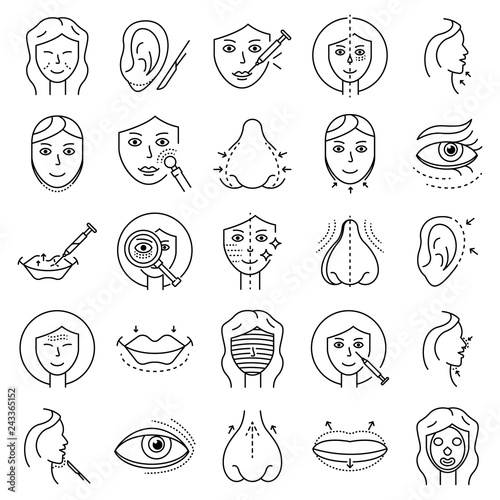 Lifting facial icons set. Outline set of lifting facial vector icons for web design isolated on white background