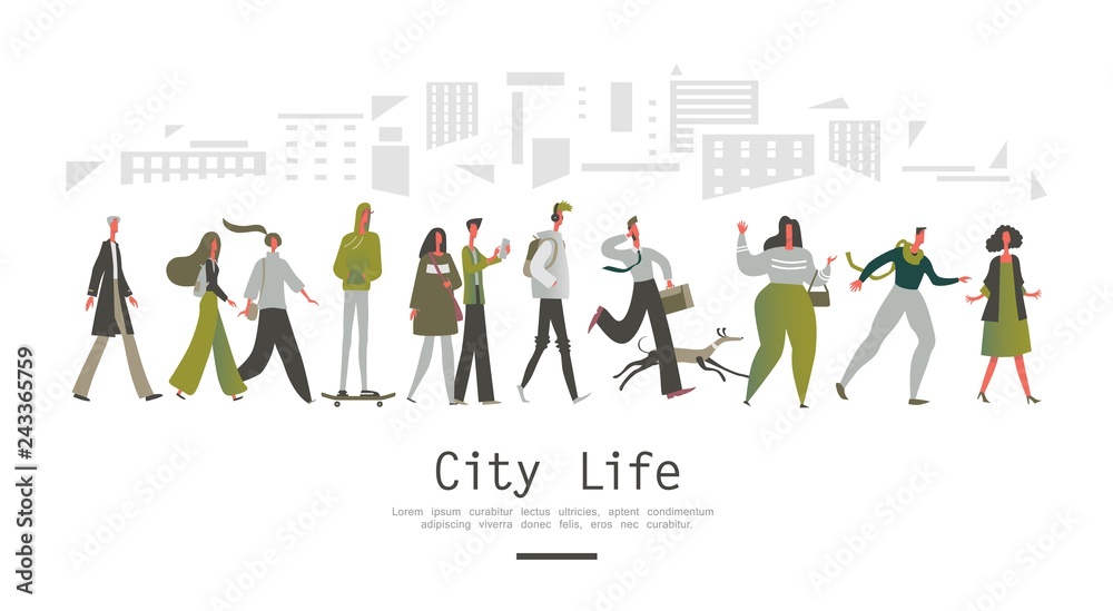 City life, pedestrians men women, city street, set people, vector illustration