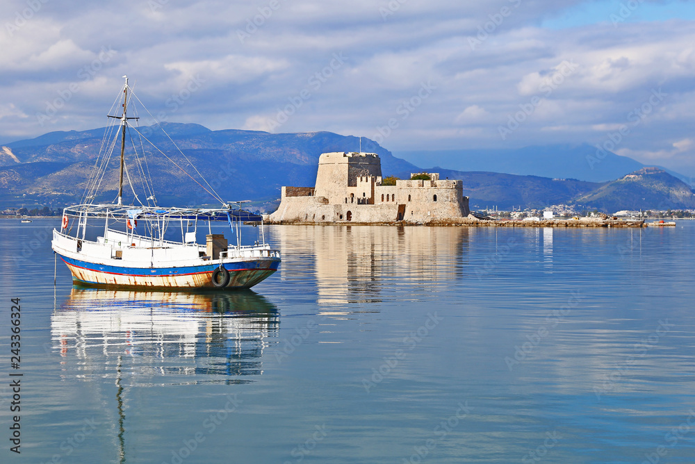 landscape of the water castle of Bourtzi - a Venetian castle in the middle of the harbour of Nafplio Argolis Greece