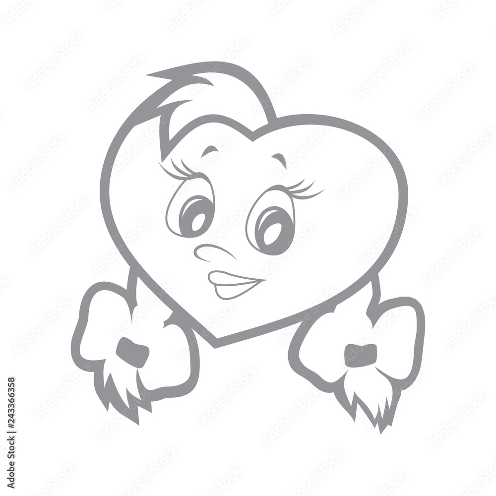 Vector illustration of the character heart girl with two braids. Fiery flame of love in the children's picture of the animation character. Monochrome. Vector illustration of the character heart girl with two braids. Fiery flame of love in the children's picture of the animation character. Monochrome.