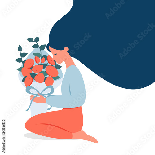 A woman with loose hair holds a bouquet in her hands and enjoys the aroma of flowers. Vector illustration