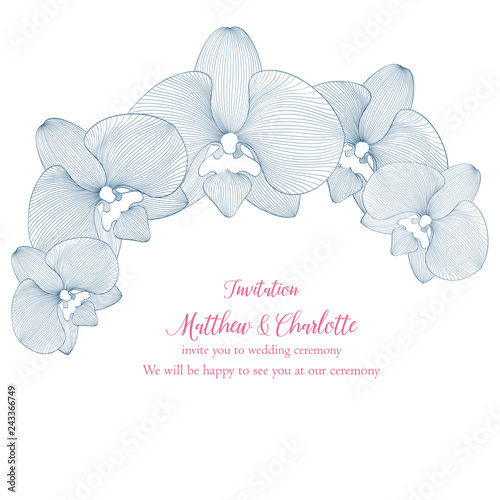 Floral pattern with hand-painted stylish orchid flowers. Beautiful invitation to the wedding ceremony.
