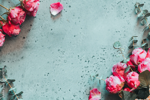 Fototapeta Naklejka Na Ścianę i Meble -  Top view on floral frame with pink roses on a grey concrete background. The concept of spring and Valentines day, flat lay.