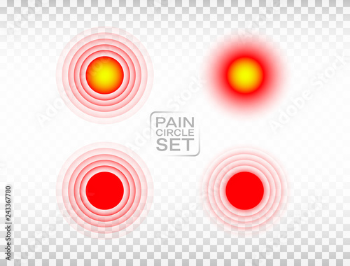 Pain red circle set. Medical rings collection. Hurt marker. Aching place visualization on transparent background. Red sore symbol. Painful part of body. Vector illustration