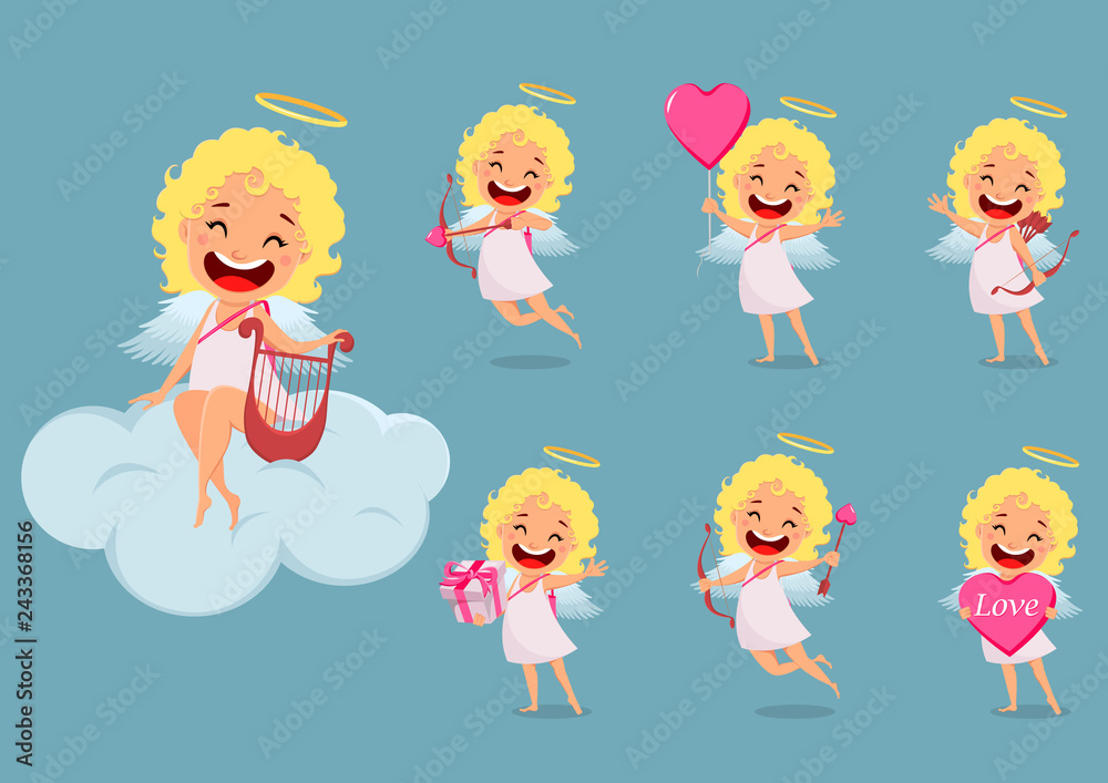 Cupid girl, cute cartoon character, set