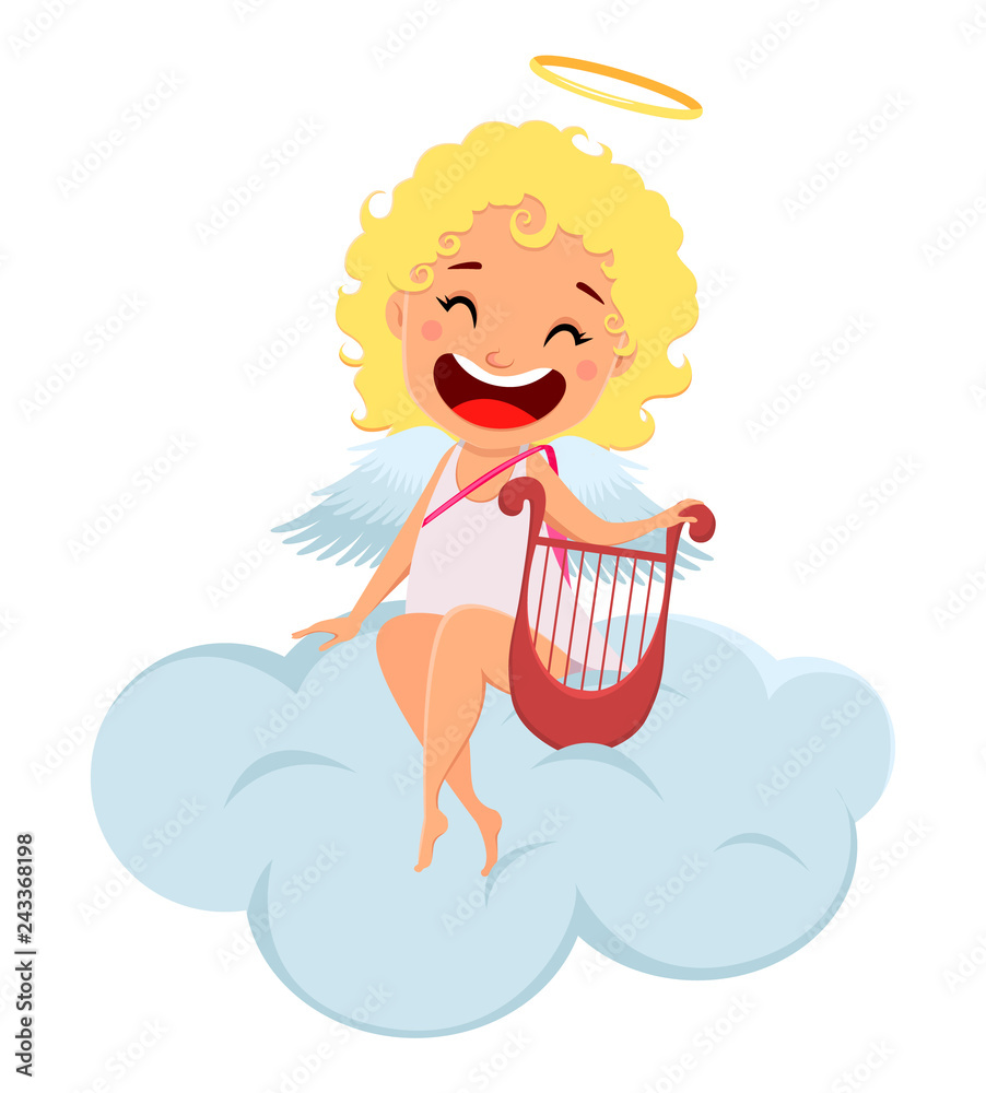 Cupid holds harp and sits on cloud Cupid holds harp and sits on cloud