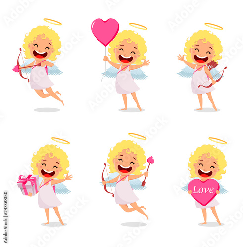 Cupid girl, cute cartoon character, set