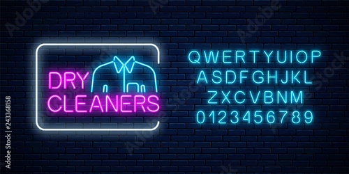 Neon dry cleaners glowing sign with shirt in rectangle frame and alphabet. Cleaning service signboard design.
