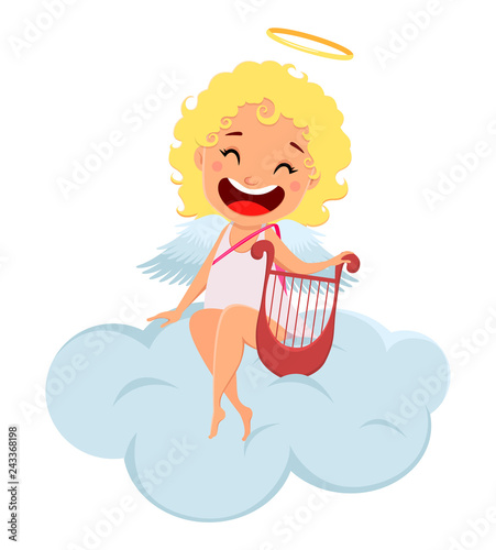 Cupid holds harp and sits on cloud