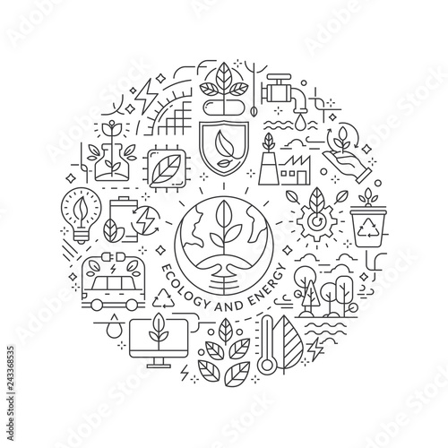 Ecology concept in thin flat illustration. Eco friendly green energy line icons in round shape isolated vector illustration. Round design element with ecology icons - Vector
