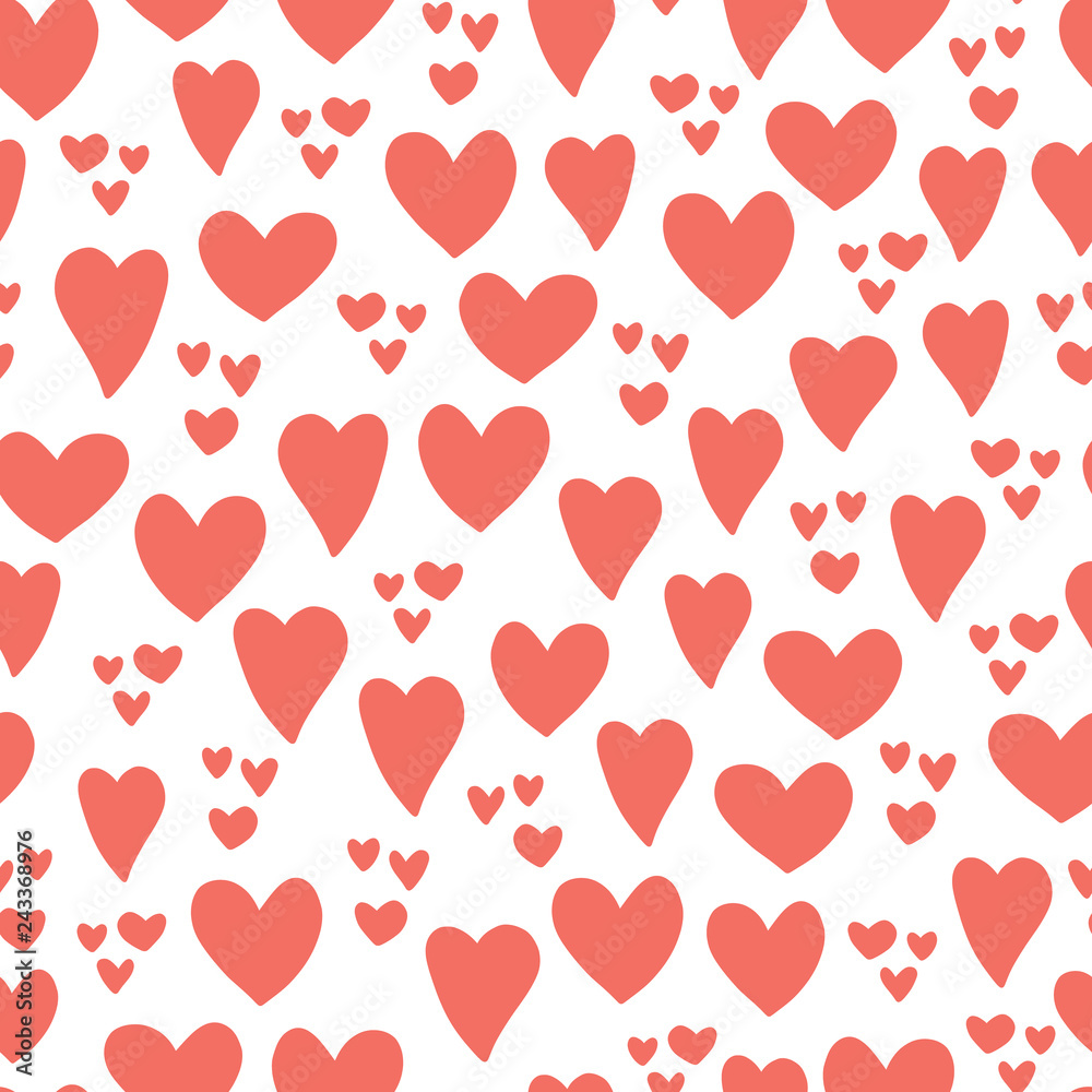Hearts seamless vector pattern background. Hand drawn hearts isolated coral red, white. Use for card, invitation, album, scrapbook, wrapping paper, kids fabric, Valentines day