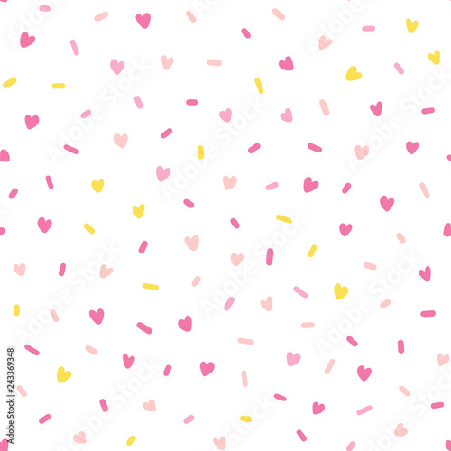 Hand drawn cute pink hearts confetti abstract seamless pattern. Rustic, boho simple colorful background. Cartoon illustration