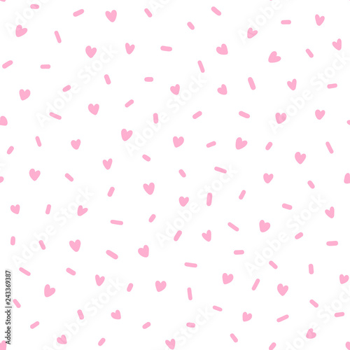 Hand drawn cute pink hearts confetti abstract seamless pattern. Rustic, boho simple colorful background. Cartoon illustration