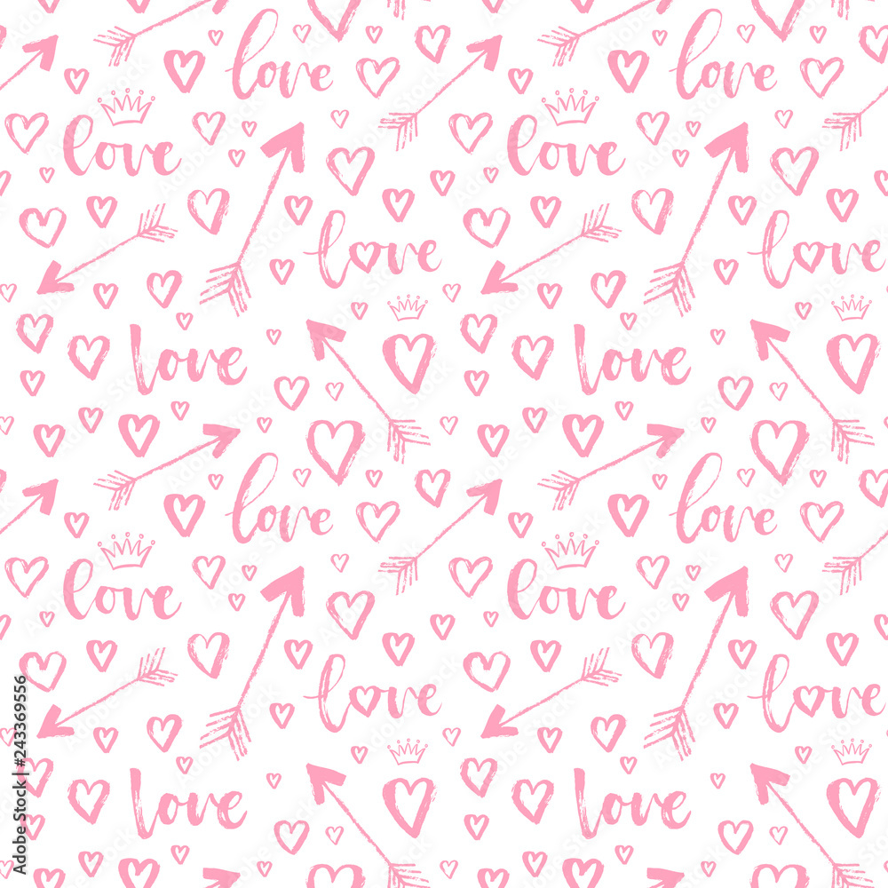 Vector fashion abstract seamless pattern with arrow, hearts on Happy Valentines Day. Cartoon doodle illustration background Vector fashion abstract seamless pattern with arrow, hearts on Happy Valentines Day. Cartoon doodle illustration background