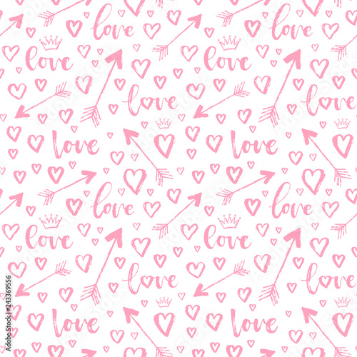 Vector fashion abstract seamless pattern with arrow, hearts on Happy Valentines Day. Cartoon doodle illustration background
