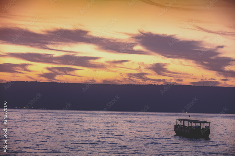 Dawn over the Sea of Galilee. Beautiful Sea of Galilee in the morning. Time before sunrise