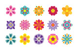 Set of flat flower icons isolated on white background. Cute vector illustrations in bright colors for stickers, labels, tags, scrapbooking. 