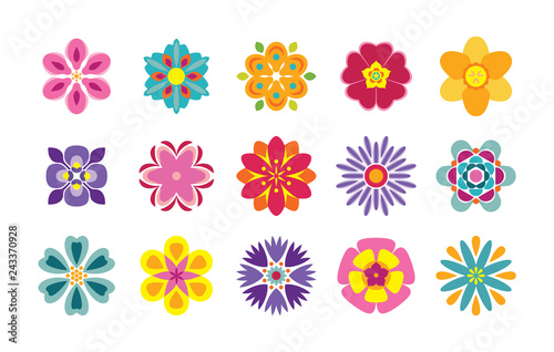 Fototapeta Naklejka Na Ścianę i Meble -  Set of flat flower icons isolated on white background. Cute vector illustrations in bright colors for stickers, labels, tags, scrapbooking. 
